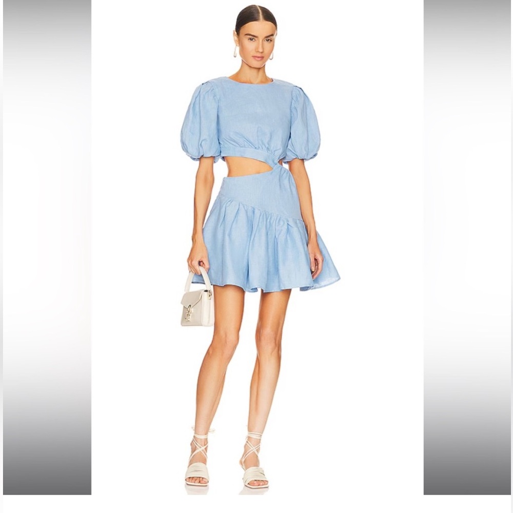 Bardot Mimi Linen Blue Puff Sleeve Cutout Mini Dress Large